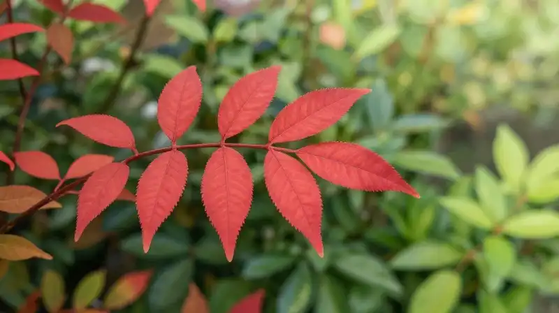 Vibrant red photinia branch among lush green leaves in morning sun