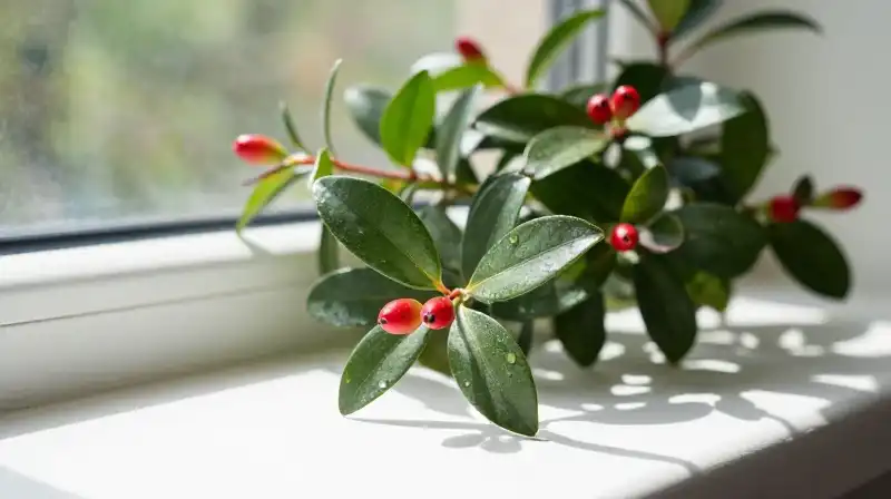 Lush green photinia with red tips glows on the bright windowsill