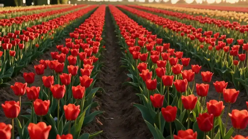 Vibrant red tulips line organized rows under warm golden sunlight