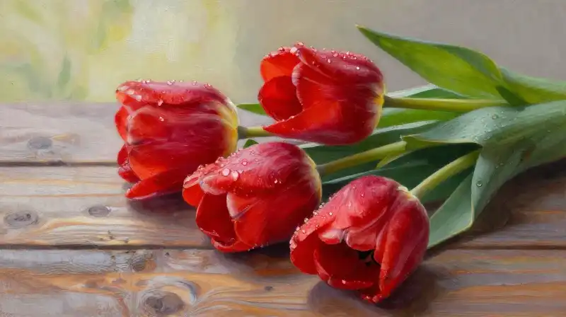 Red tulips and morning dew rest on a rustic wooden table