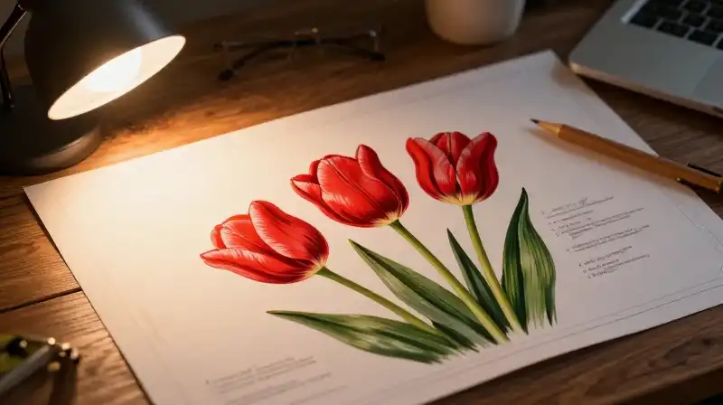Vibrant red tulips bloom on a warm desk beside a detailed blueprint