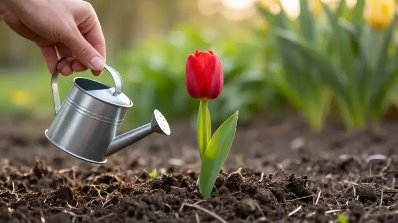 Red tulips emerge from dark earth with a watering hand during golden hour