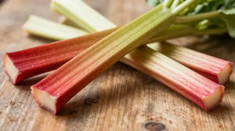Vibrant rhubarb stalks scattered across a warm, rustic wooden table