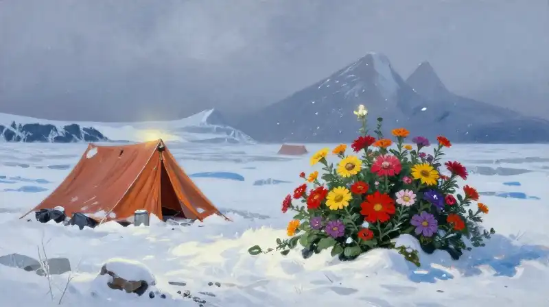 Vibrant flowers glow against a stark, snowy Arctic survival camp