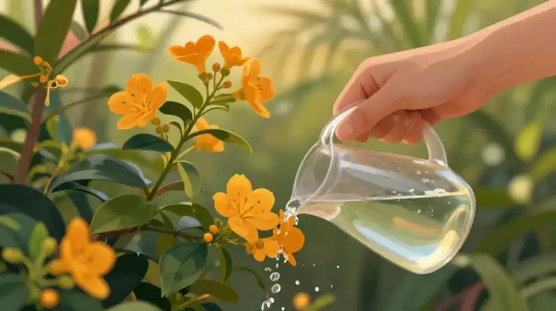 A hand waters lush Rio Dipladenia flowers in soft golden hour