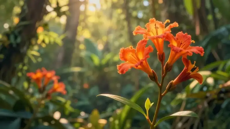 Vibrant tropical flowers glow in soft golden rainforest light