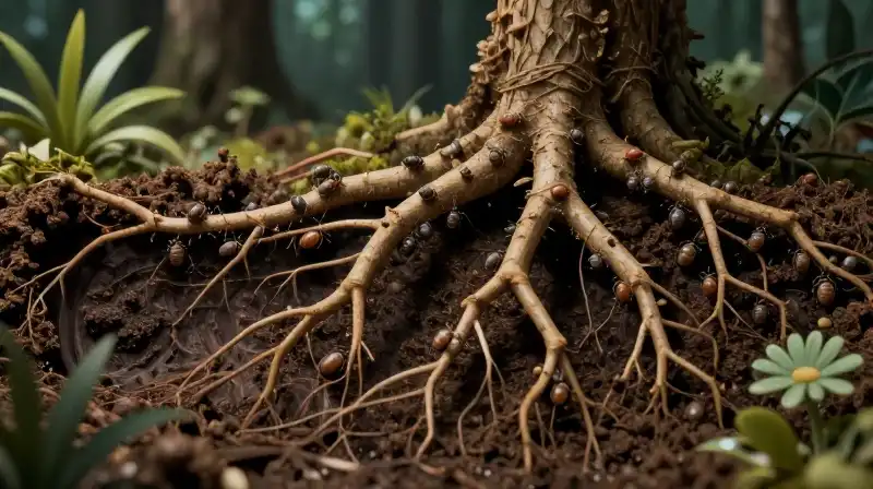 Aphids cluster on fine roots amidst richly detailed, dramatic soil