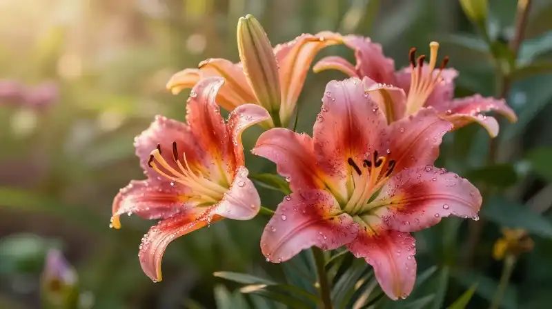 Dewy rose lilies shine in soft, warm golden hour garden light