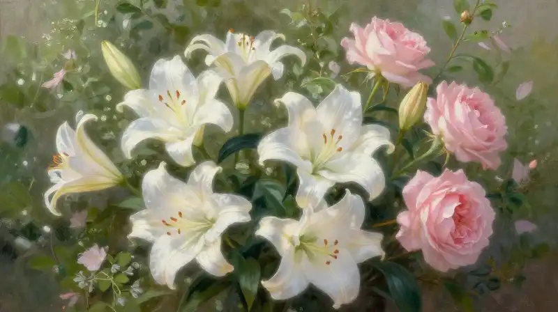 Glowing, painted lilies bathed in soft, dappled sunlight