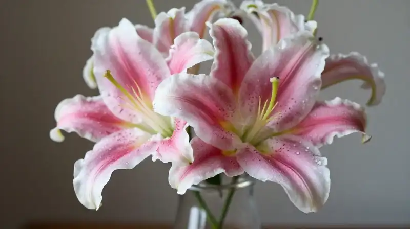Delicate pink and white lilies glistening in soft morning sunlight