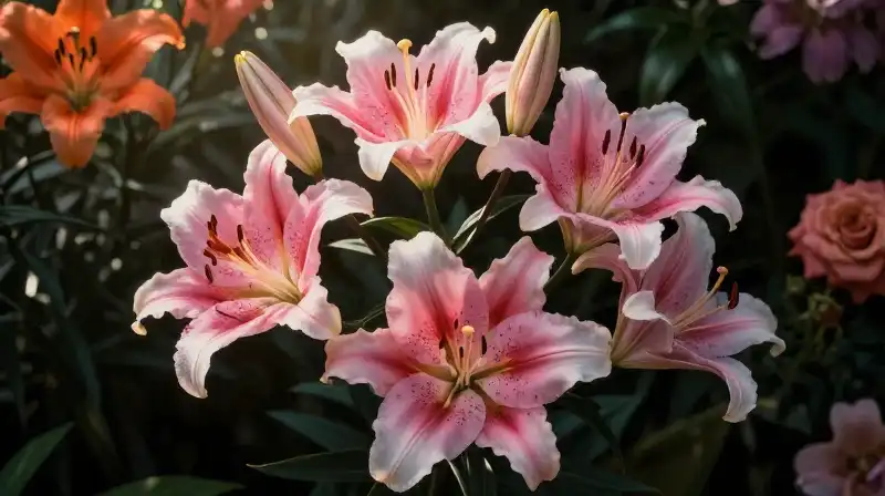 Ornate pink and orange lilies glow under dramatic morning sunlight
