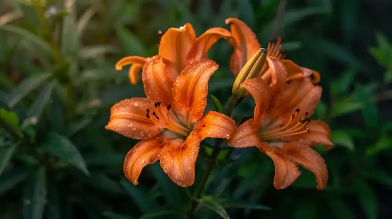 Vibrant orange rose lilies with glistening dew in lush green foliage under soft golden light