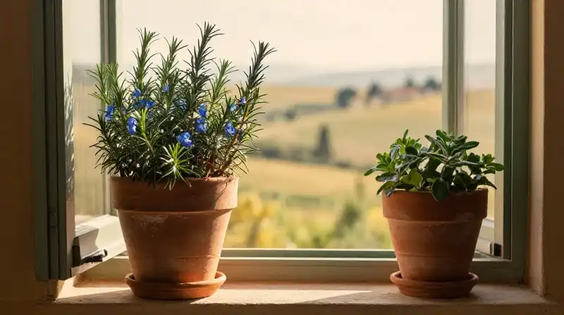 Warm sunlight illuminates rosemary in rustic pots on a Mediterranean windowsill