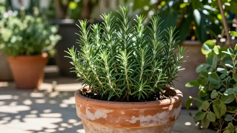 Blue rosemary grows in a weathered pot under sharp, dappled sunlight