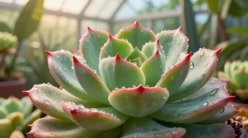 A fleshy red succulent with morning dew in a lush tropical greenhouse