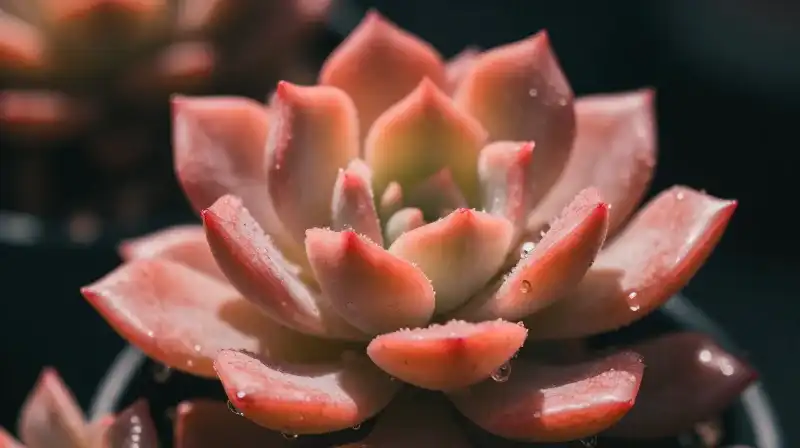 Vibrant succulent with dew drop catches light in a dramatic setting