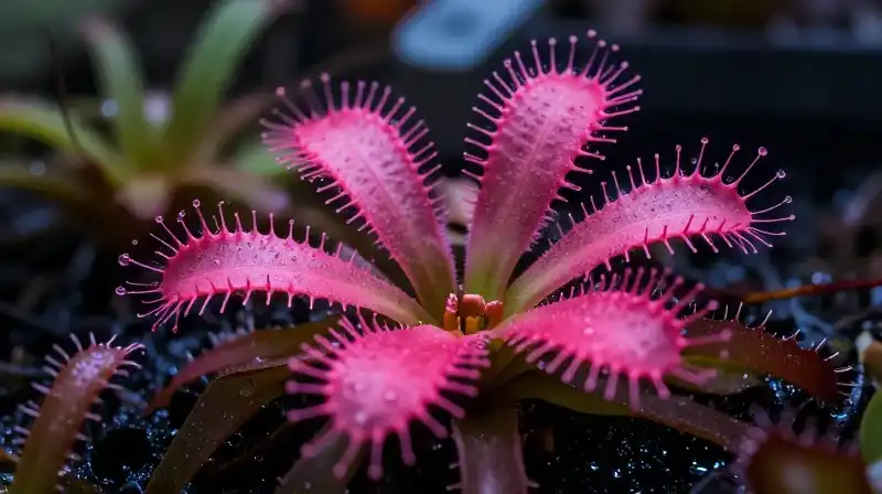 A vibrant pink fleshy plant thrives in a humid, dimly lit greenhouse