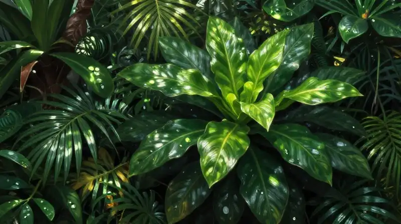 Vibrant glossy tropical leaves shimmer under filtered sunlight