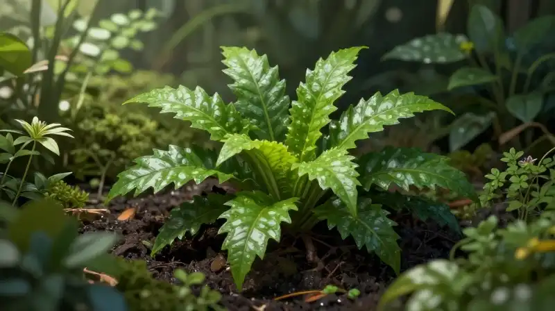 Vibrant green plants sprout from damp, rich, fertile soil under soft light