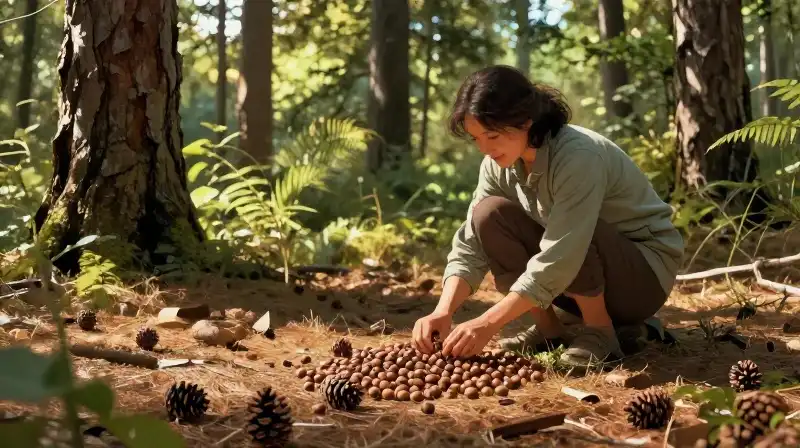 A woman collects nuts in a sun-drenched, detailed forest