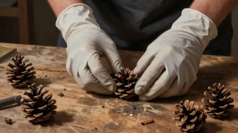 Gloves gather pine cones on a rustic workbench under sharp light