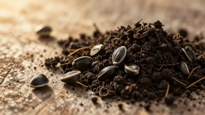 Black eyed Susan seeds rest on fertile, dark soil on a rustic wooden surface