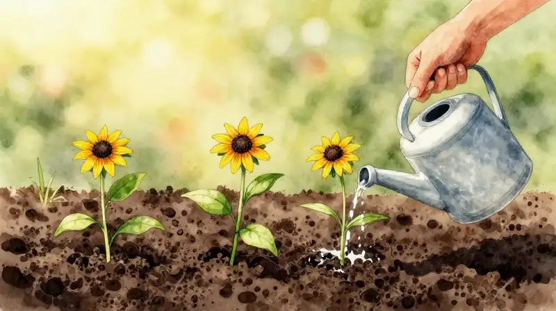 A gardener waters bright yellow seedlings in rich, dark soil