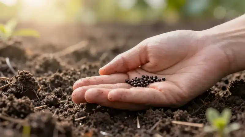 Tiny dark seeds rest on damp, rich earth under brilliant morning sunlight