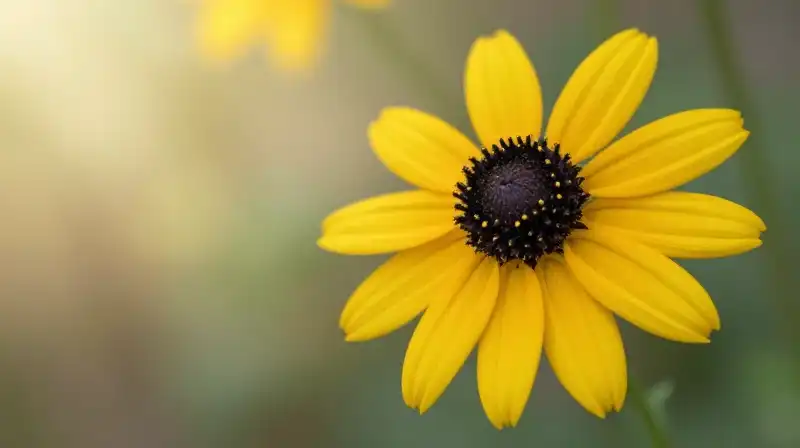 Golden sunlight illuminates Black Eyed Susan blossoms and magnified seeds