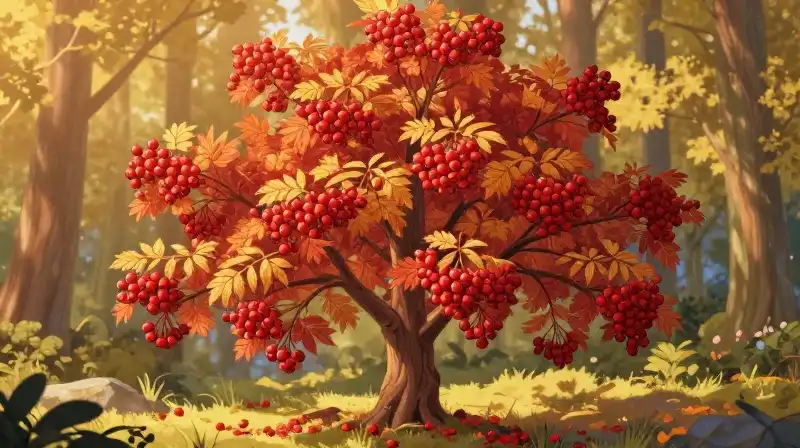 Vibrant scarlet foliage glows warmly in a detailed autumn forest clearing