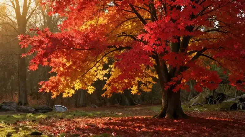 Crimson and gold serviceberry foliage glows brightly over the damp woods