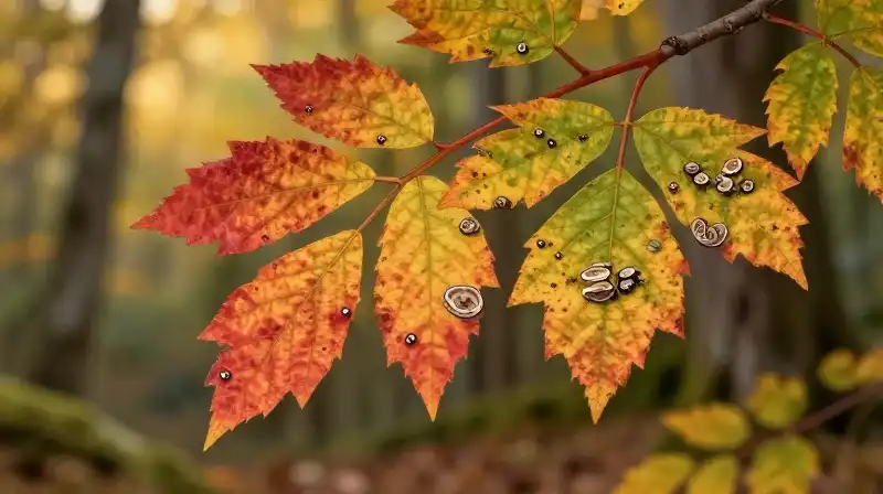 Vibrant serviceberry foliage shows golden autumnal color with fungal spots and aphids