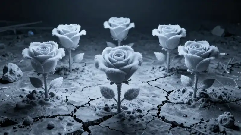Seven frosted roses bloom in cracked permafrost earth under dramatic low light