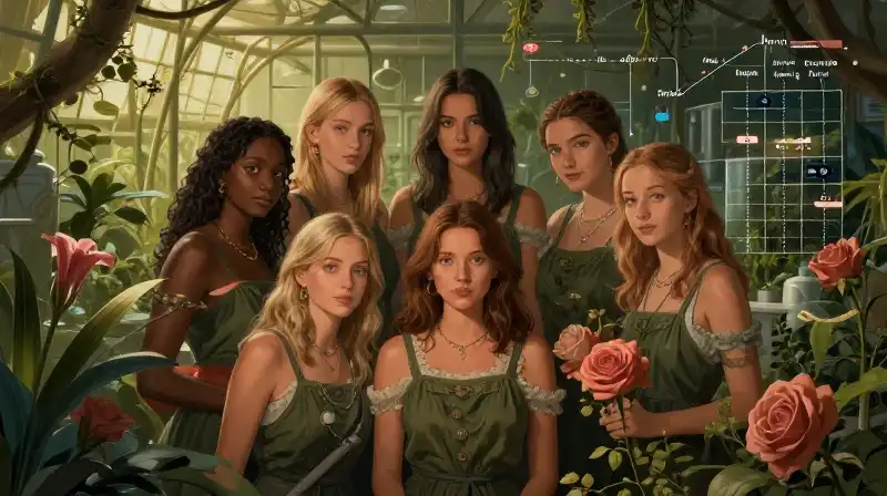 A seven-sister rose cluster sits in an overgrown botanical laboratory