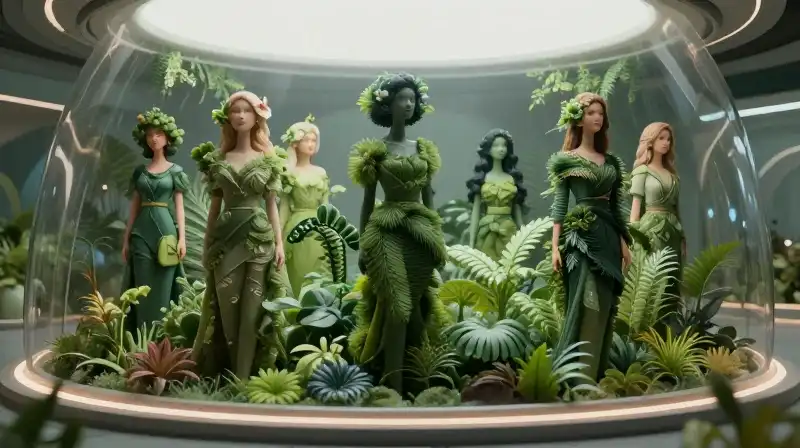 Seven stylized sisters thrive inside a lush, sleek futuristic bio-dome