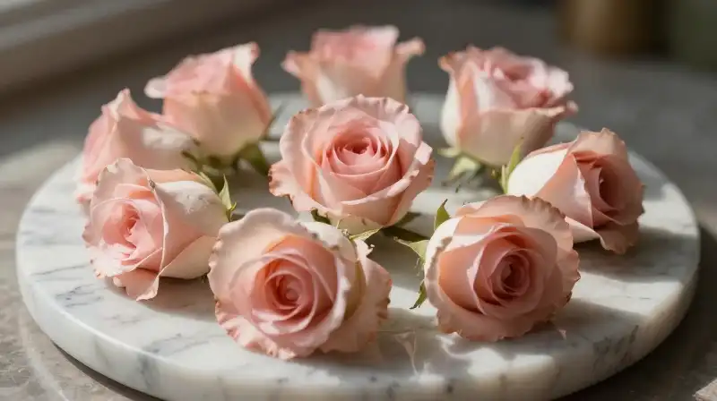 Seven delicate roses bloom brightly on a clean marble platform