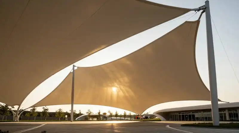 Curved fabric sail structure illuminated by dramatic golden sunset light