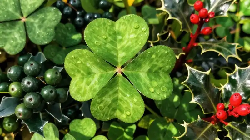 Vibrant shamrocks and holly thrive in a sunny, flourishing garden