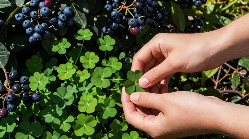 Caring hands nurture vibrant shamrock amidst dense greenery