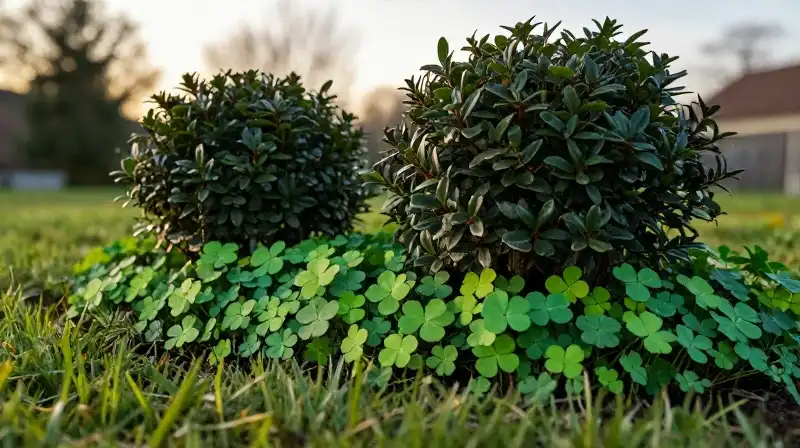 Golden light illuminates lush bushes with vibrant green shamrocks