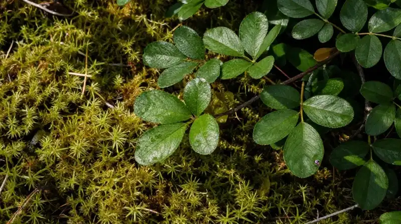 A lush inkberry shrub stands on a mossy ground in dappled sunlight