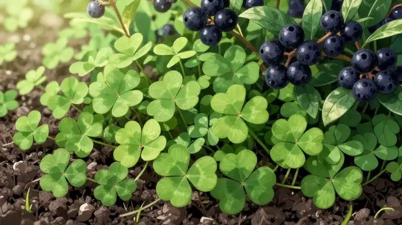 Detailed shamrocks and lush inkberry bushes illuminated by bright morning light