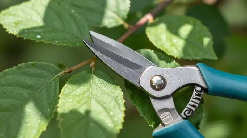 Dark green inkberry foliage and shears captured in dappled sunlight