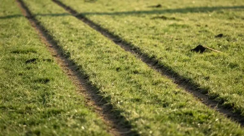 Soft sunlight reveals tiny earth mounds on the textured lawn