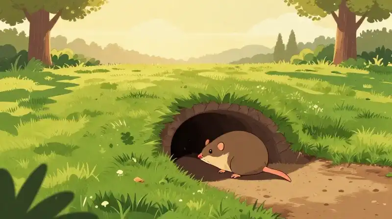 A large moles tail peeks from a hole in a bright lawn at sunset