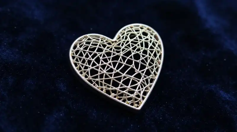 An intricate, glowing silver heart rests on dark velvet