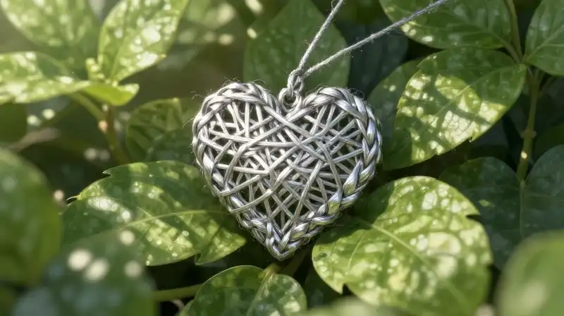 A shiny silver heart weaves through lush, dappled green foliage