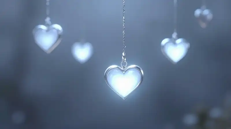Luminous silver hearts drift through dramatic, ethereal mist