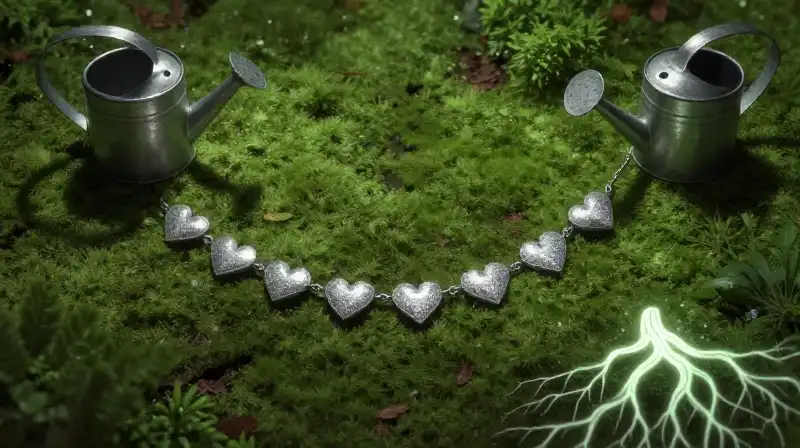 Shimmering silver hearts and glowing mystical roots emerge from lush emerald soil