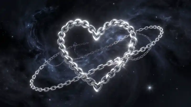 Intricate silver hearts weave through a glowing deep nebula